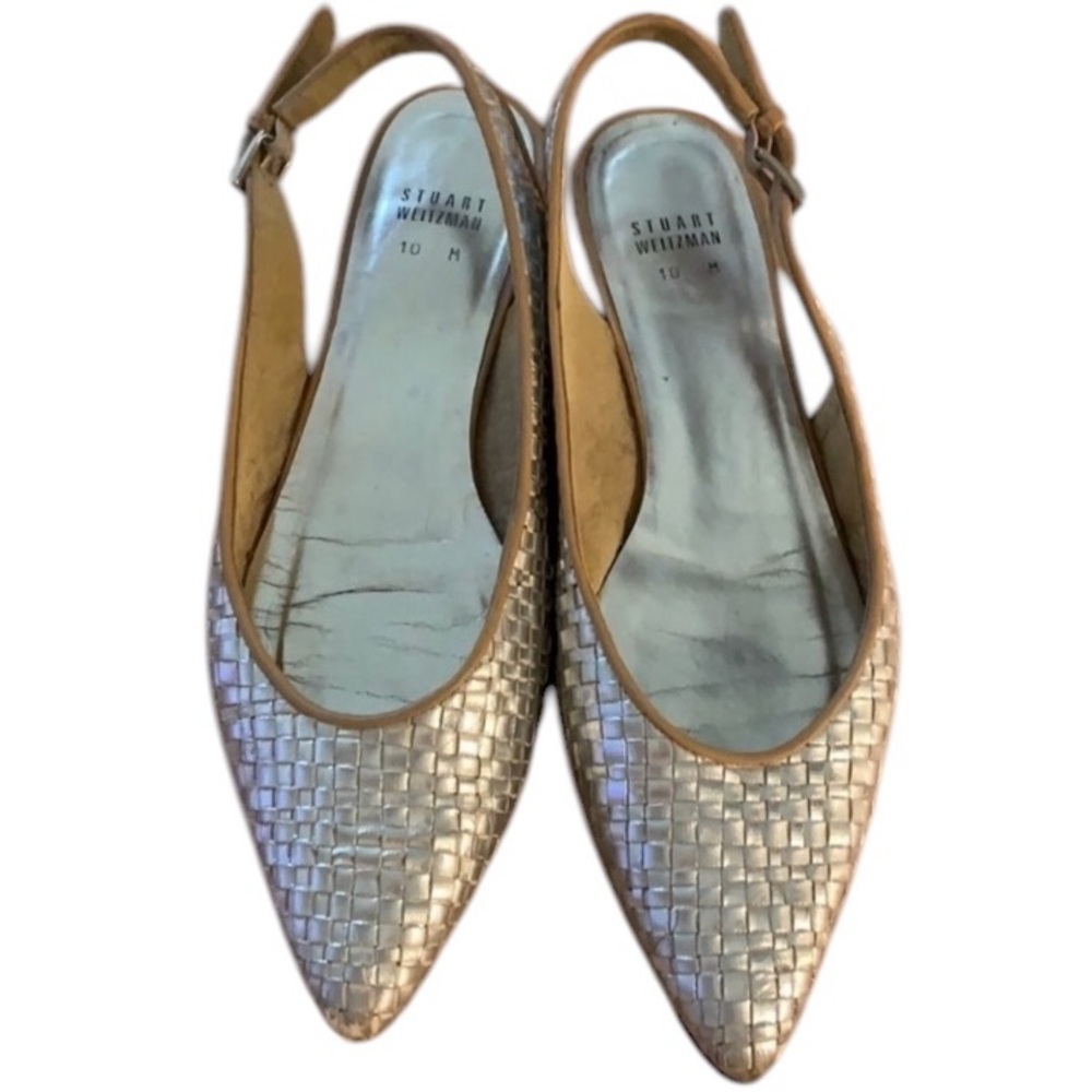 Stuart Weitzman size 10 woven silver leather slingback with small wooden heel